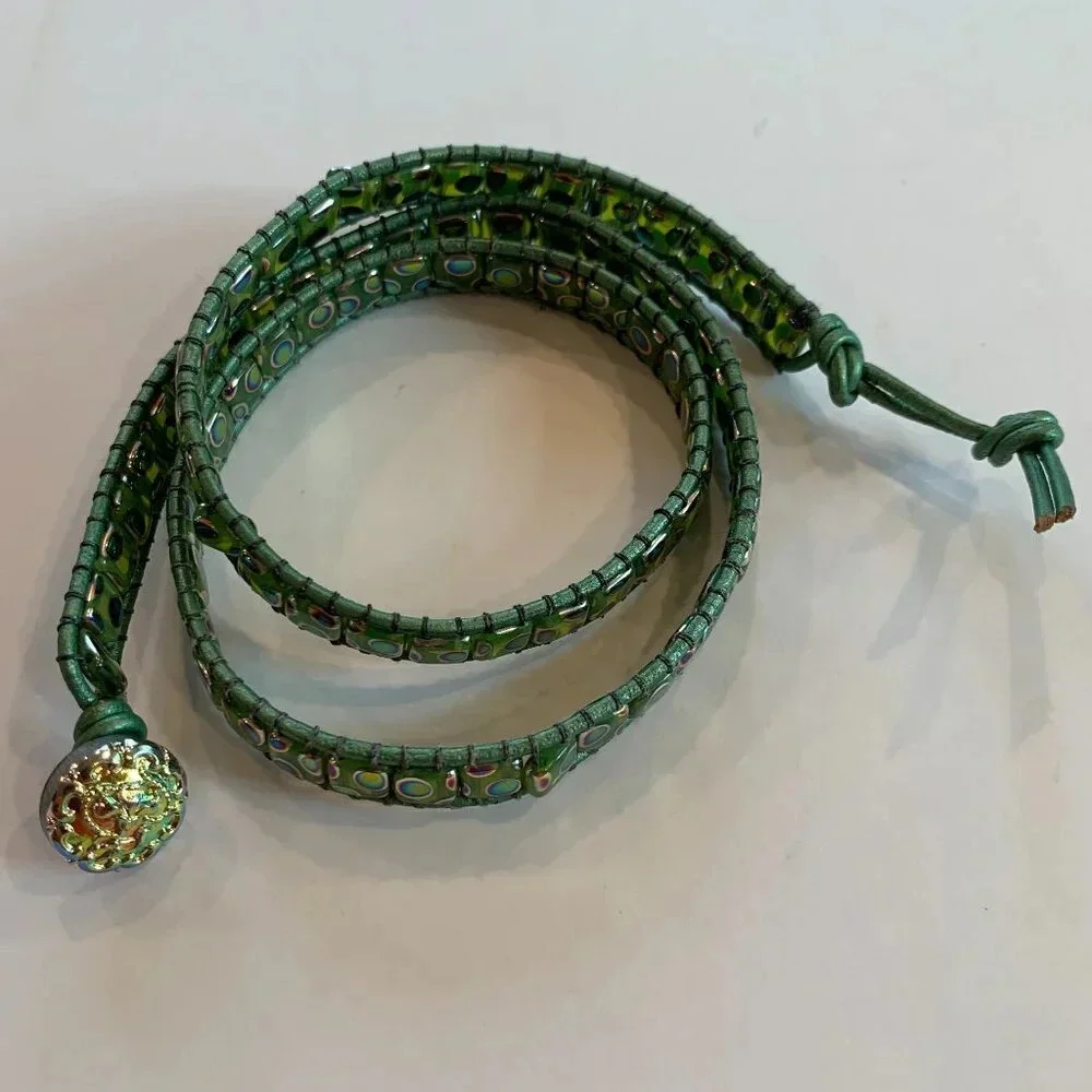 Bespoke Glass Leather Bead Cuff Bracelet - Gold & Green Aura Finish - Handmade - Picture 6 of 7